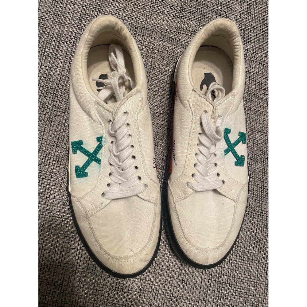 Off-White Low Vulcanized White Canvas Teal Arrow Sneakers Size 41 OMIA085